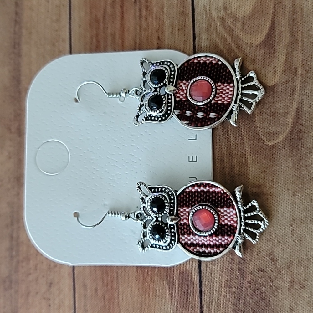 Owl Silver Toned Fabric and Crystal Jewel Handmade Dangle Earrings